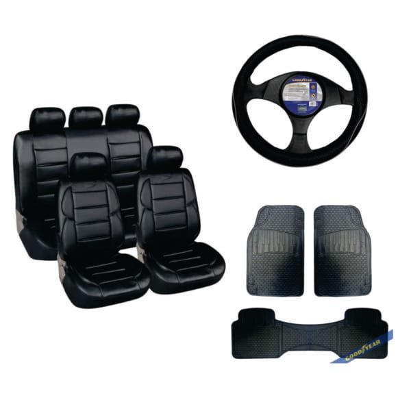 Combo Goodyear Funda Para Asientos cuero ecologico con riñonera + Cubrevolante + Cubrealfombra 3 piezas