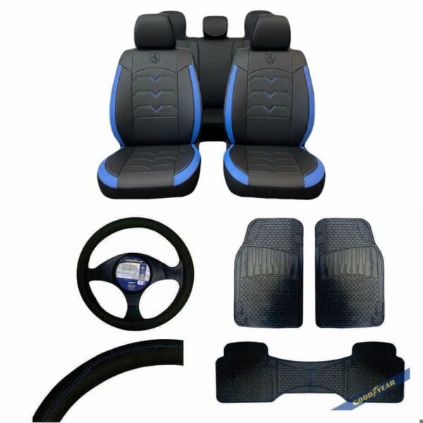 Combo Funda para asientos Vulpin Eco Cuero AZUL + Cubrevolante + Cubrealfombra 3 piezas