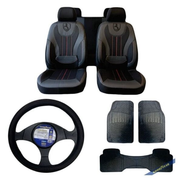Combo Vulpin Origen negro ecocuero: Fundas de Asiento + Cubrevolante + Alfombra Good Year 3 piezas