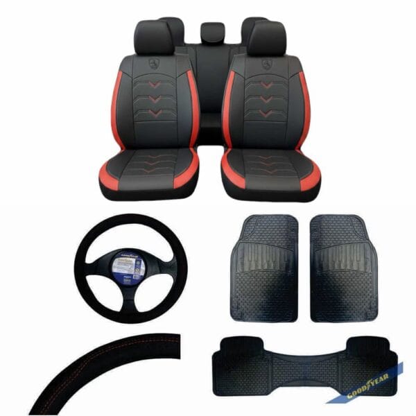 Combo Funda para asientos Vulpin Eco Cuero ROJO + Cubrevolante + Cubrealfombra 3 piezas